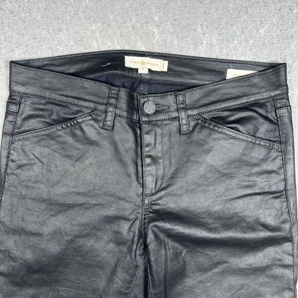 Tory Burch Pants Faux Leather Wax Coated SZ 27 Skinny High Waist Logo 5-Pockets - Picture 3 of 14